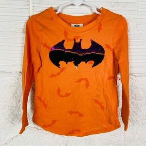 BATMAN Orange Bat sequins logo Kids long sleeve Shirt size XS 4/5